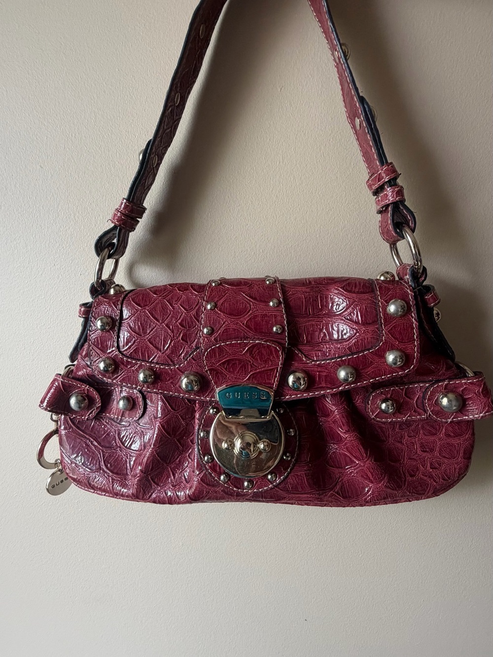 Guess Croc-Embossed Studded Shoulder Bag in Wine